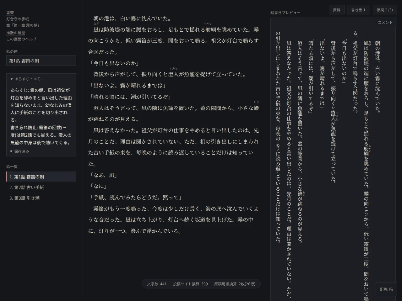 小説「灯台守の手紙」第1話の執筆画面、展開の状態。左に構成レール(書架・作品・推敲の履歴・この画面のヘルプのリンク、題の欄、あらすじ・メモ、話の一覧)、中央に横書きの本文、右に縦書きのプレビュー。画面下に字数の表示、右上に「資料」「書き出す」と段階を切り替えるボタン、その下に「コメント」が並ぶ。