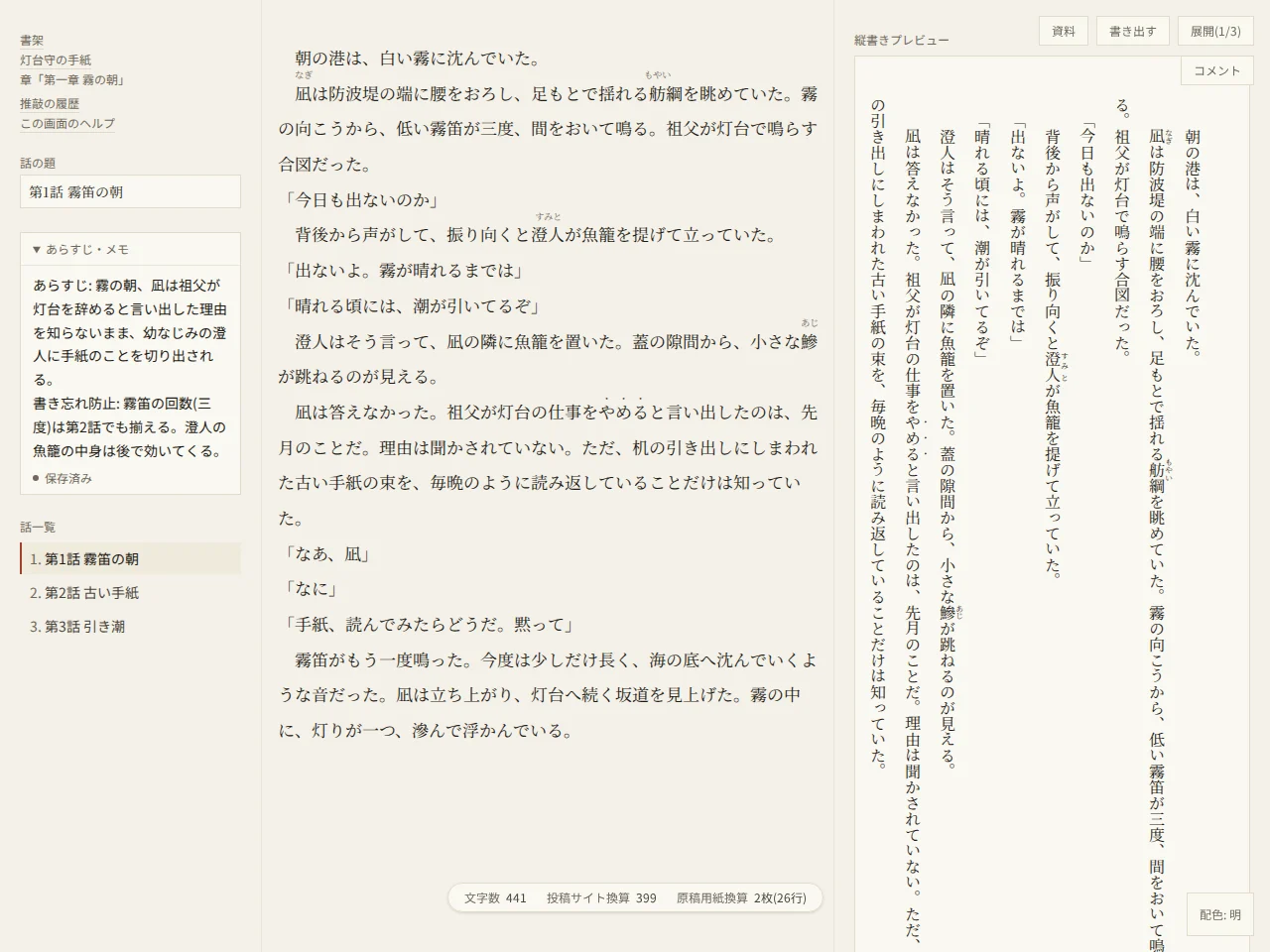 小説「灯台守の手紙」第1話の執筆画面、展開の状態。左に構成レール(書架・作品・推敲の履歴・この画面のヘルプのリンク、題の欄、あらすじ・メモ、話の一覧)、中央に横書きの本文、右に縦書きのプレビュー。画面下に字数の表示、右上に「資料」「書き出す」と段階を切り替えるボタン、その下に「コメント」が並ぶ。